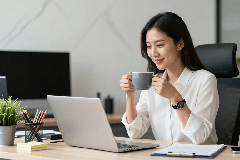 现代办公素材：现代职场女性微笑专注办公场景