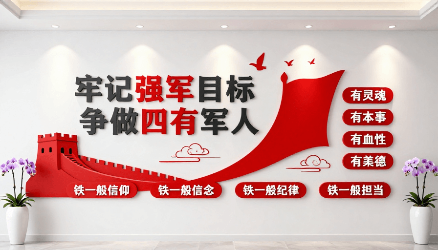 扁平化设计素材：现代党政文化墙：强军目标与四有军人精神展示