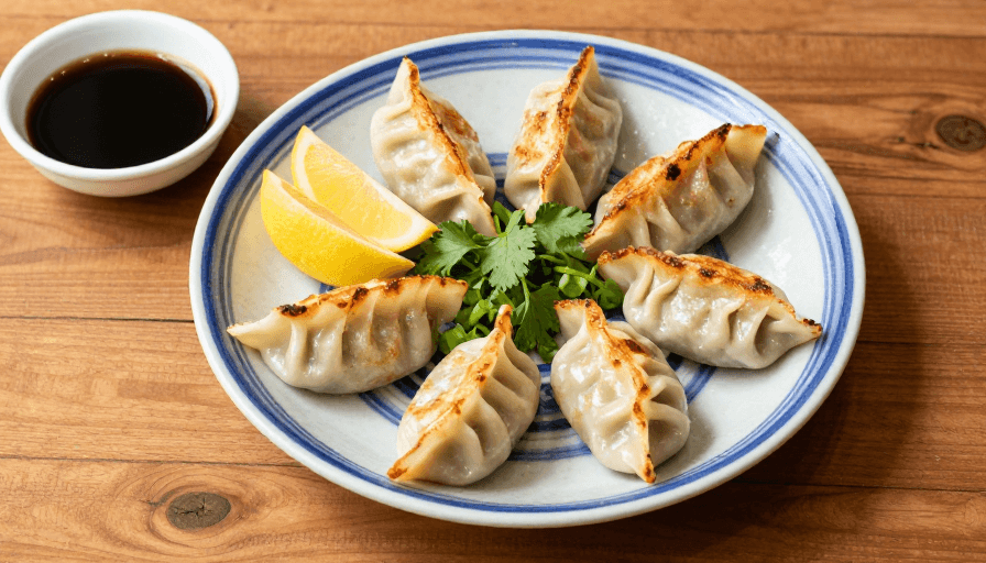 木质桌面素材：金黄煎饺青花盛，清新佐料引食欲