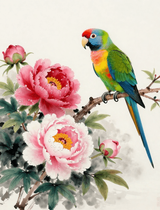 花鸟共生素材：晨光牡丹映鹦鹉：水墨花鸟的生机画卷