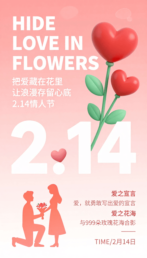 情人节主题素材：2.14情人节浪漫海报：爱与花的温柔宣言