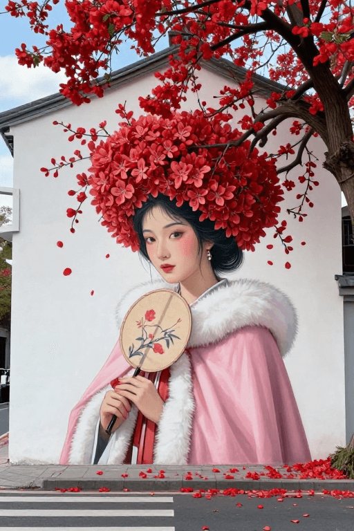 唐朝国风素材：繁花冠顶的唐朝美女街头壁绘