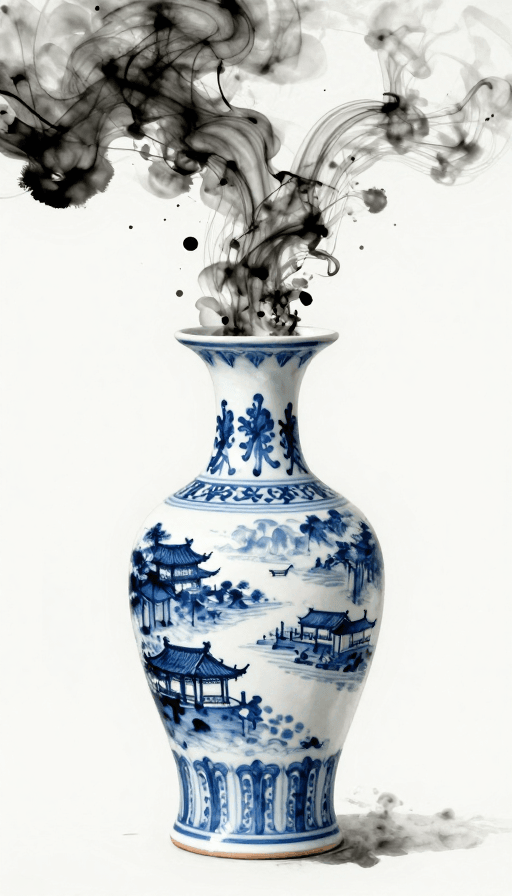 白底背景素材：青花瓶中流淌的《清明上河图》：超现实水墨艺术