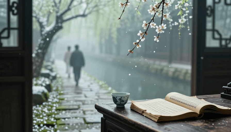 古风意境素材：江南水墨春景：青苔石径上的诗意留白