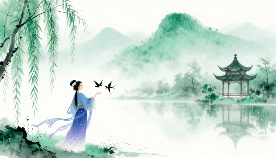 青绿色调素材：青绿雨雾古韵：水墨意境与诗意留白（古风插画）