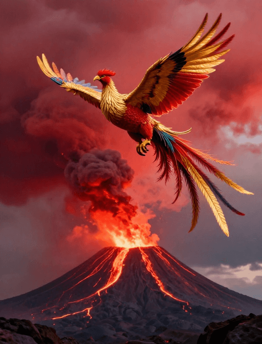 动态背景素材：炽热火山中神鸟展翅：奇幻神话凤凰破云而生