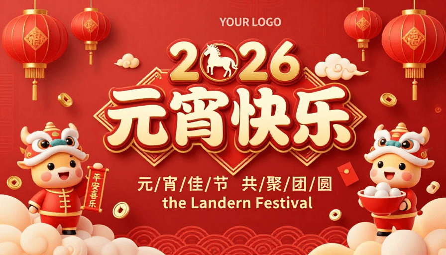 卡通吉祥物素材：2026元宵佳节：中国风喜庆红色立体海报