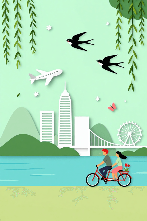 现代都市素材：春日城市剪影：纸艺插画中的生机与活力
