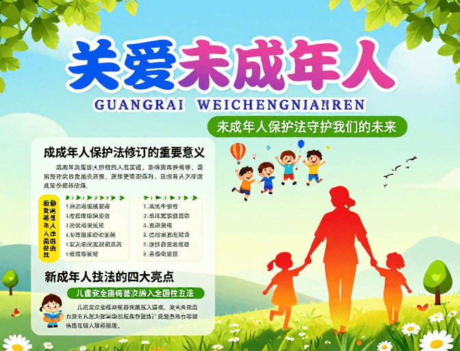 清新插画素材：关爱未成年人：守护童心与未来温暖公益海报