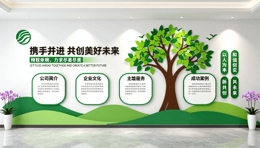 企业形象素材：现代企业绿色文化墙：清新自然与专业活力融合设计