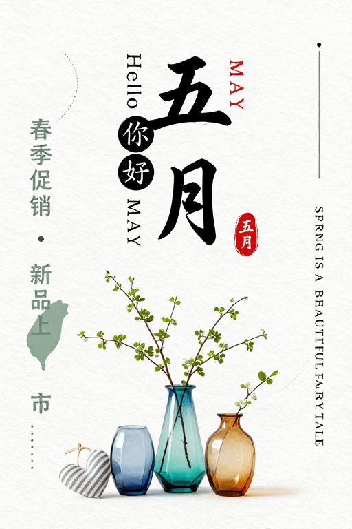春季促销素材：五月春启·极简水墨海报设计