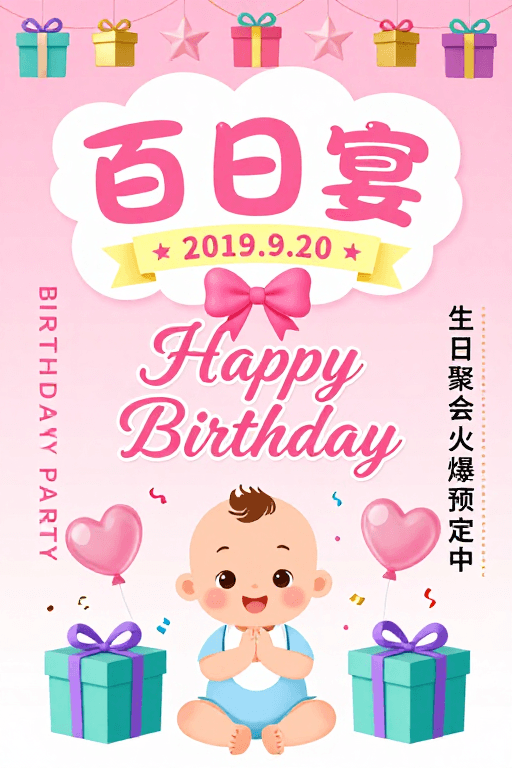 生日派对素材：粉红童趣百日宴：温馨可爱婴儿庆祝邀请
