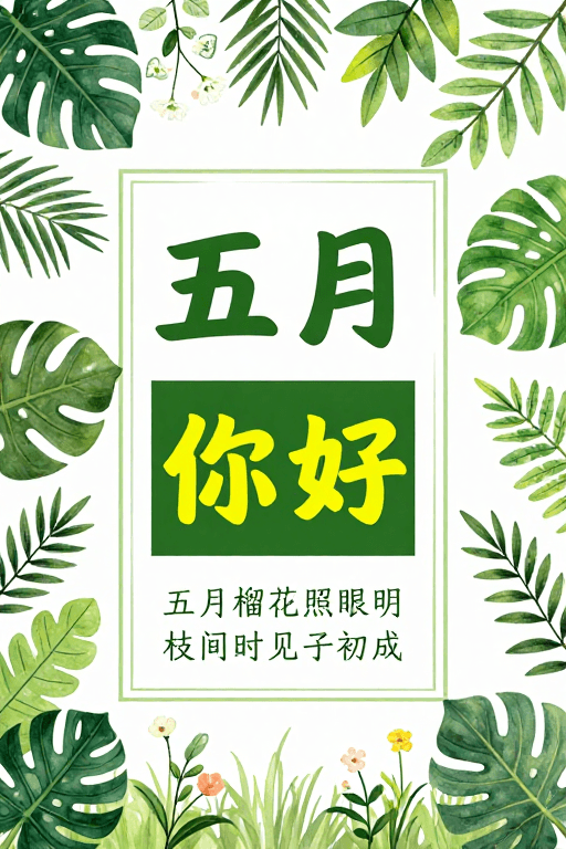 季节宣传素材：清新五月手绘海报：绿意生机与你好问候