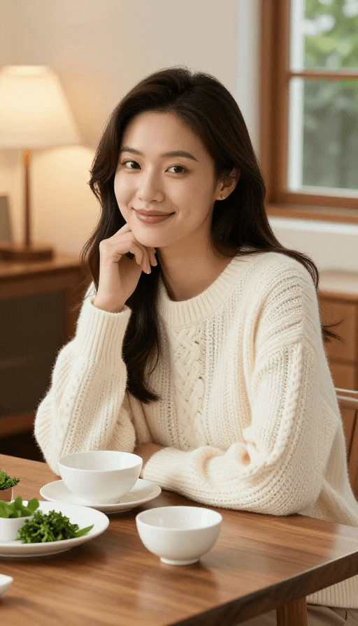 商业广告图素材：温馨居家生活：亚洲女性的自然微笑与舒适氛围