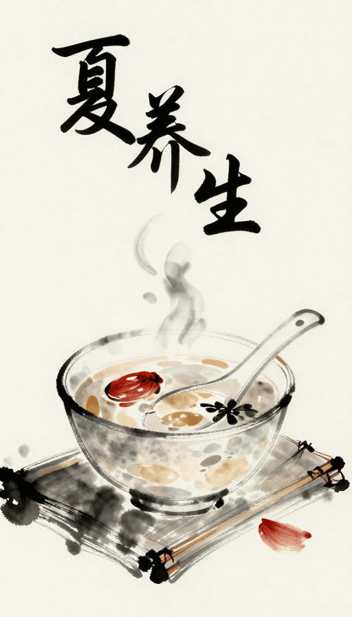 中式美学素材：水墨夏景养生图：传统艺术中的夏日养生智慧