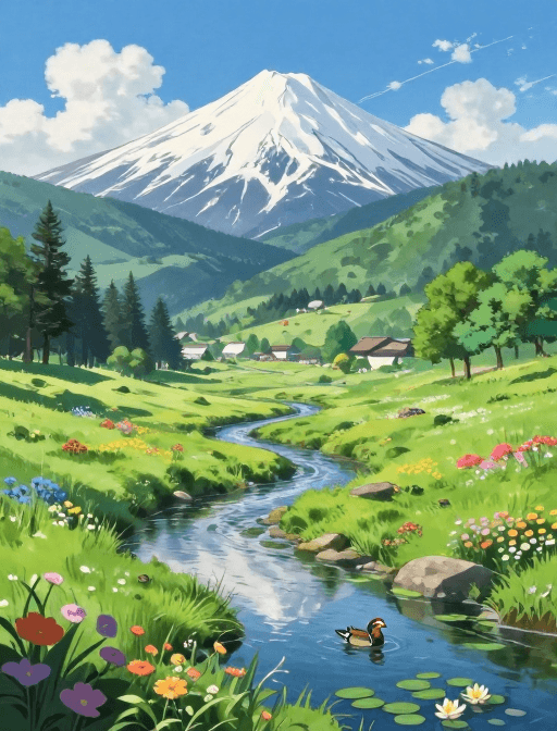 超高清细节素材：梦幻雪山与翠绿山谷的动漫自然画卷