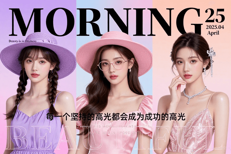 时尚杂志封面素材：柔光渐变三联时尚封面，展现东方女性优雅自信之美