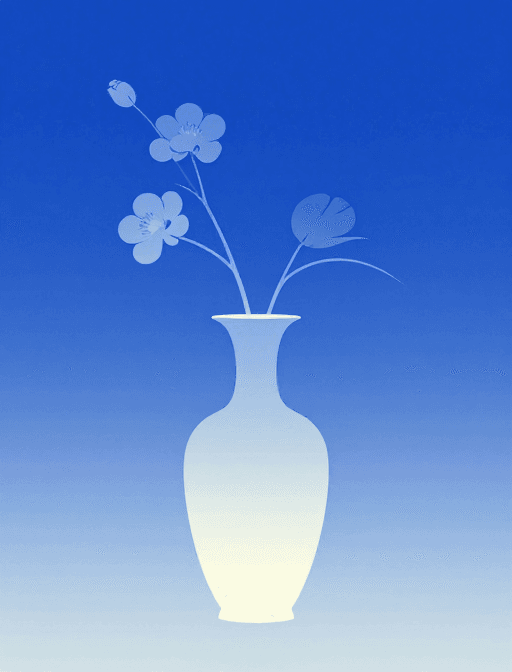 极简主义插画素材：蓝调中式渐变优雅花瓶艺术插画