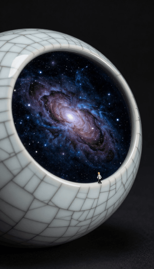 高清晰度素材：冰裂陶瓷宇宙：星云粒子与微缩人的极简艺术