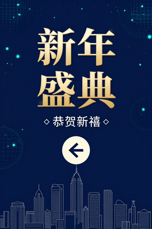 都市剪影素材：新年科技盛典：金色书法字与未来感视觉设计