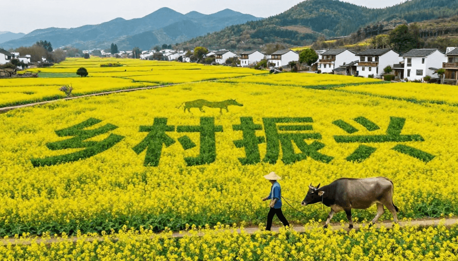 田园风光素材：金黄花海中‘乡村振兴’标语与田园牧歌风光