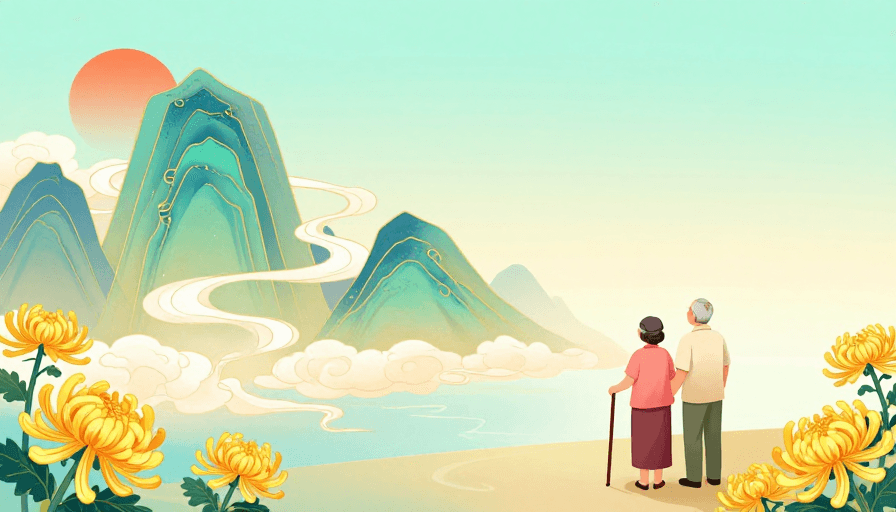 人物背影素材：青绿山水意境·秋日夕阳下的宁静岁月
