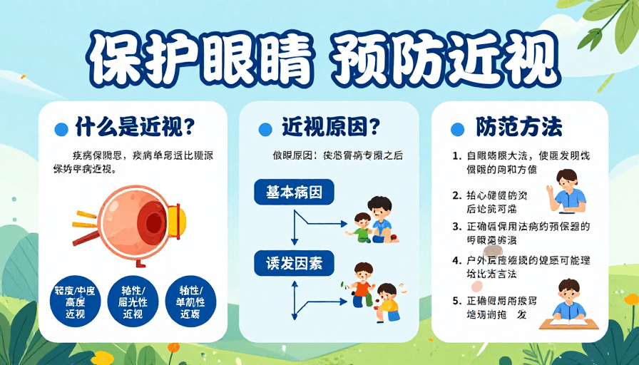 图文结合素材：蓝绿清新护眼海报：保护眼睛预防近视