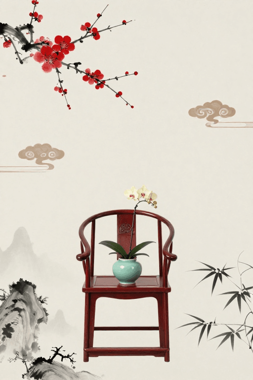 装饰背景素材：新中式水墨意境：明式圈椅与玉壶春瓶的静谧之美