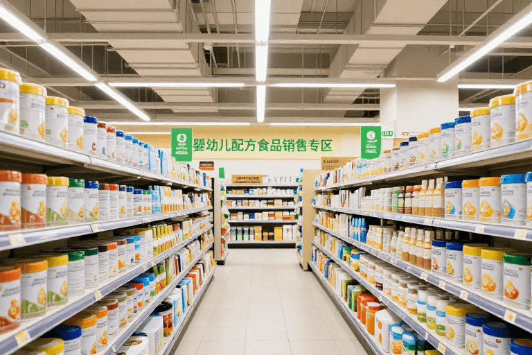 工业风设计素材：超市婴幼儿食品专区实景暖光展示