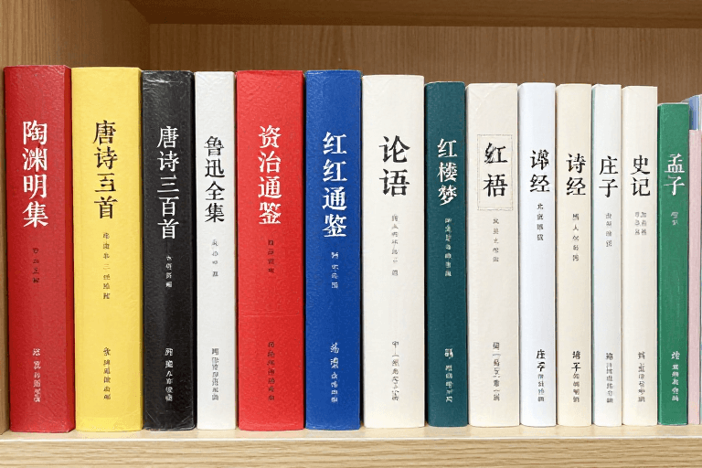 书籍陈列素材：书香满架：中国经典文学书籍高清展示