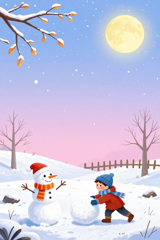 童话风素材：冬日雪景童话插图：雪人月夜温馨插画