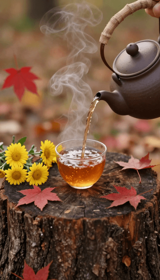 茶道文化素材：秋日茶韵：琥珀茶汤与红叶交织的富士胶片摄影