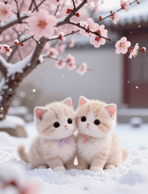 温馨瞬间素材：雪院萌猫：梅花树下双宝依偎的梦幻瞬间