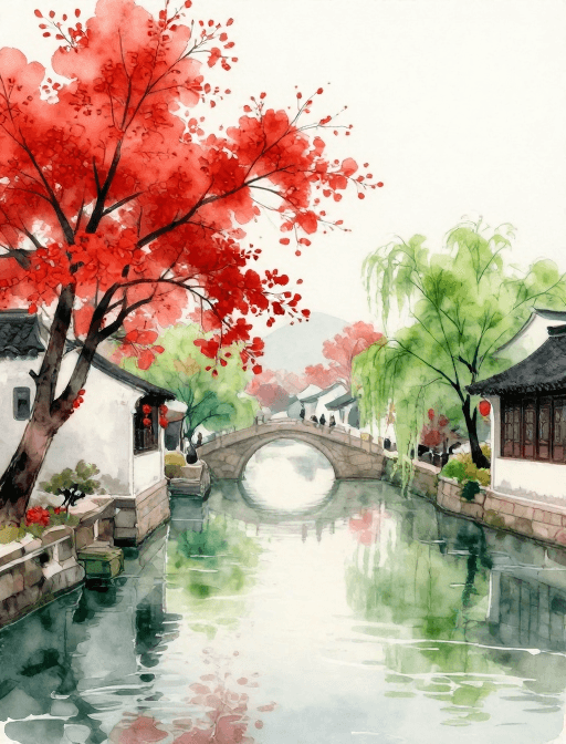 春日风光素材：江南日出花红胜火，水彩描绘水乡春色