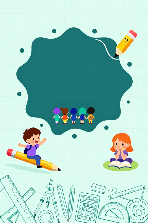 创意背景素材：童趣校园插画：卡通儿童与文具的创意场景