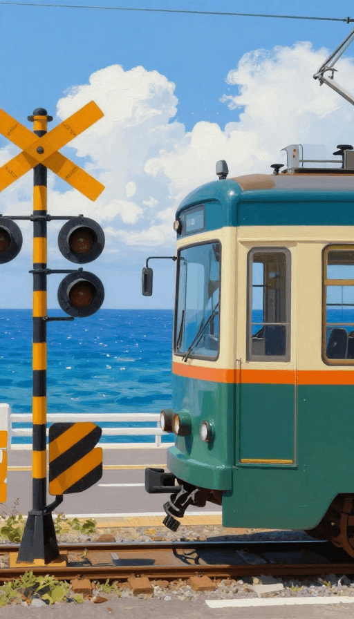 清新风格素材：碧海电车：清新油画风海景摄影