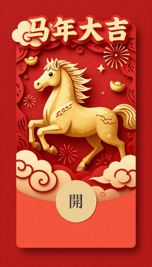 吉祥图案素材：金骏奔腾红福图 中国剪纸风马年春节封面设计