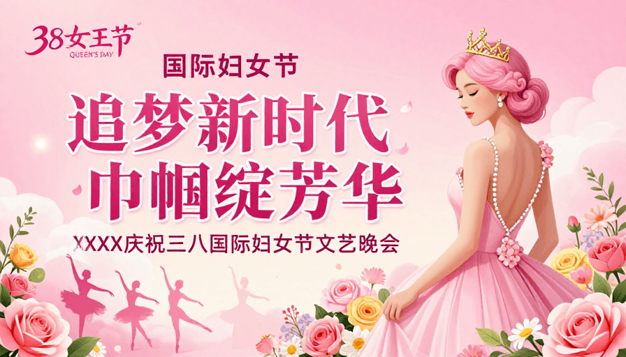 国际妇女节素材：梦幻粉彩女神绽放：三八国际妇女节文艺晚会海报