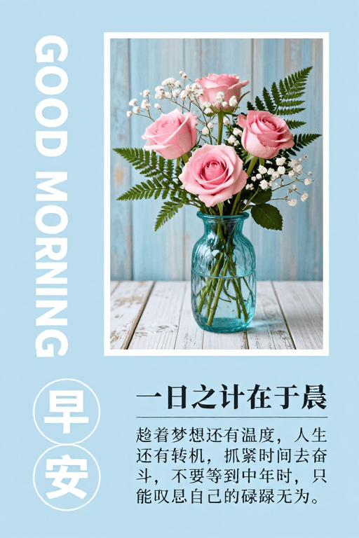 早安问候素材：清新雅致早安问候海报：粉青蓝调生活美学