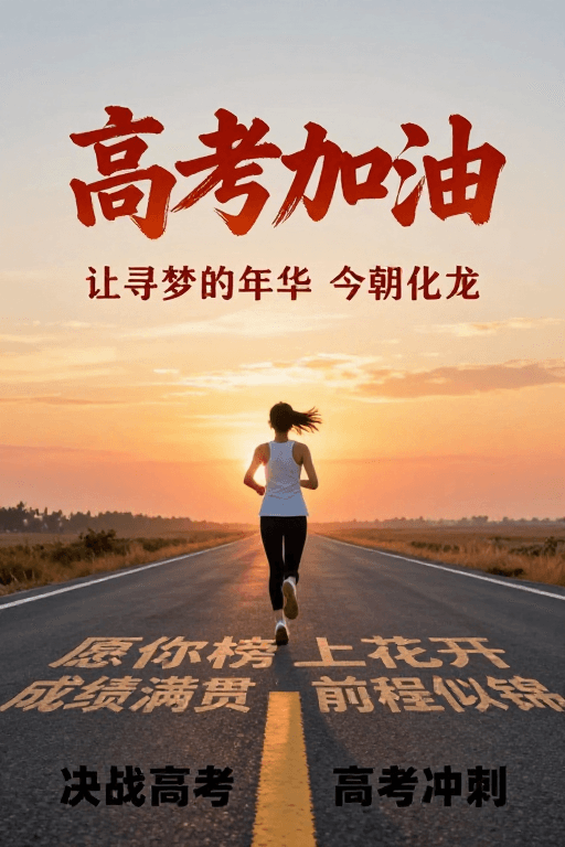 暖色日出素材：暖色日出奔跑少女：高考励志书法海报