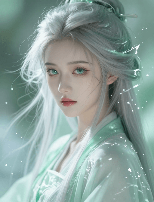 情绪表达素材：薄荷绿意古风少女特写，仙气与忧伤交织