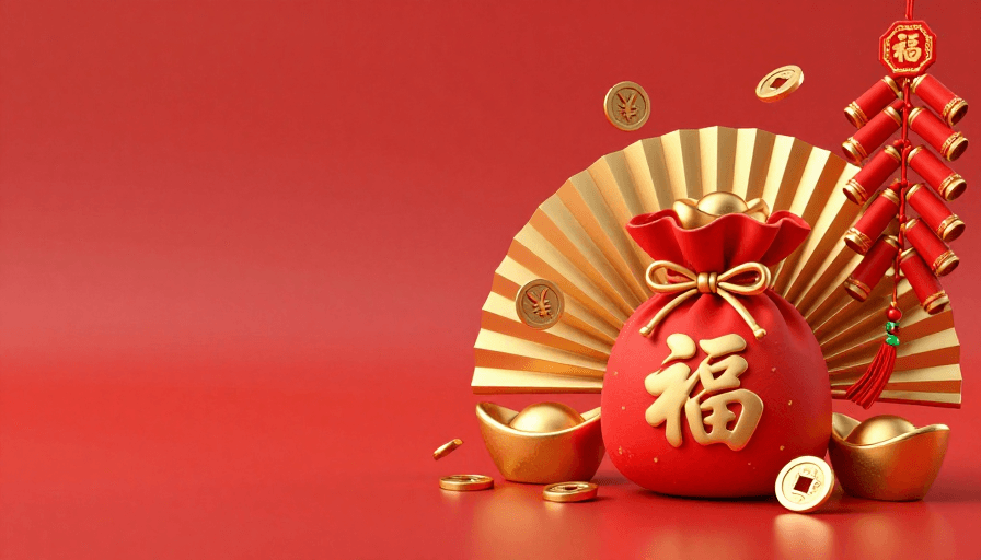 3D渲染素材：春节喜庆福袋：金色元宝点缀的3D渲染海报