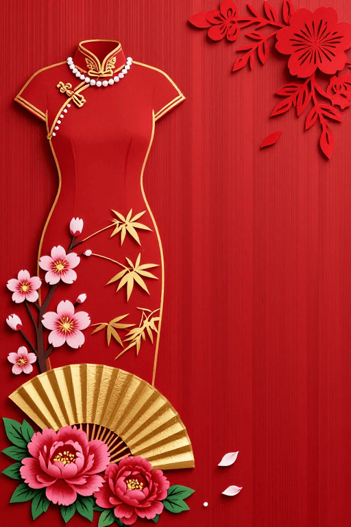 中式节庆素材：红绸旗袍剪纸风 中式节庆艺术图