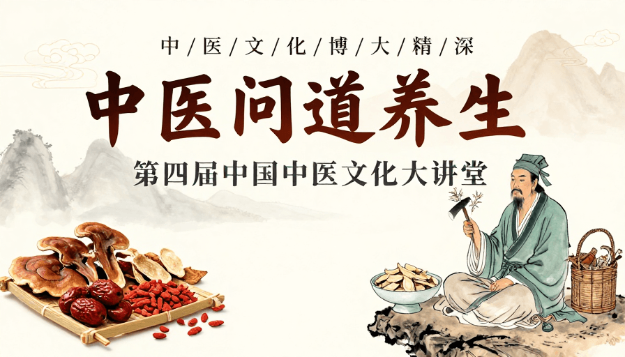 文化活动素材：古典水墨风中医养生海报：第四届中国中医文化大讲堂
