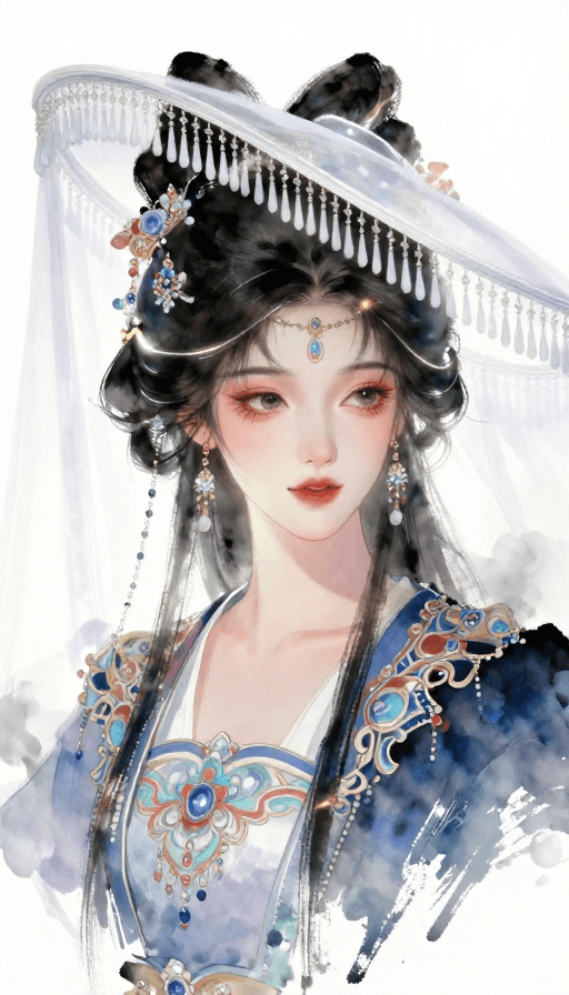 头像设计素材：华丽水墨少年插画：层叠色彩与朦胧光影的东方韵味
