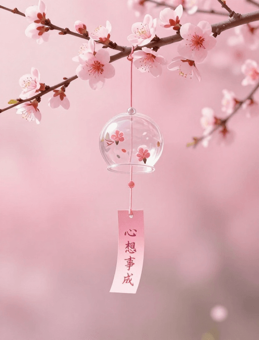 唯美意境素材：粉色桃花风铃交织的唯美新年心愿插画