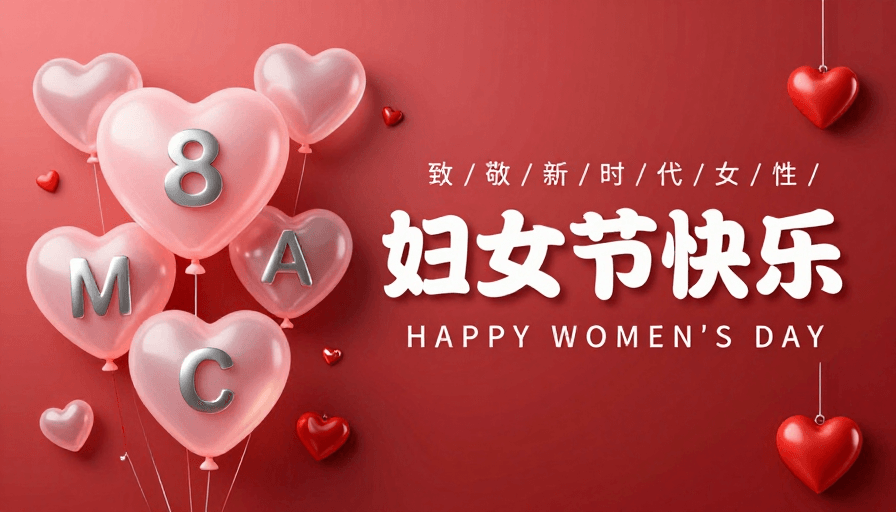 浪漫氛围素材：妇女节主题海报：现代优雅红色渐变与立体心形设计