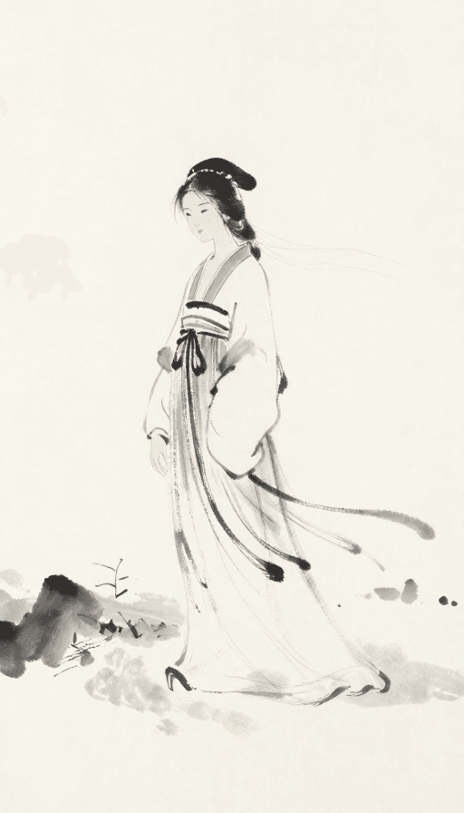 山水画素材：水墨古韵：一吹而散的飘渺美人