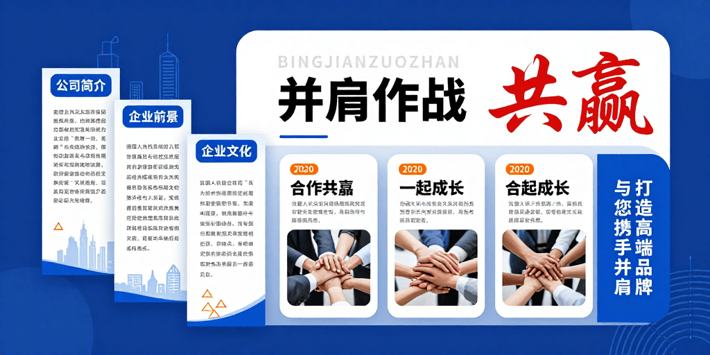 企业合作素材：科技蓝商务海报：并肩合作共创未来