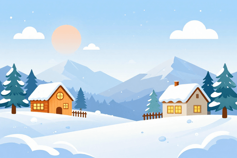 UI设计元素素材：冬日雪景温馨插画背景，扁平化矢量带暖光小屋